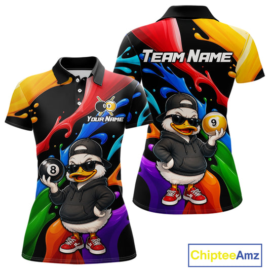 Custom printed short-sleeve polo shirt shown from the front and back, featuring a colorful splatter design in black, red, yellow, blue, green, and purple with a cartoon duck character wearing sunglasses and holding pool balls. The front has a 'Your Name' placeholder logo, and the back has 'Team Name' placeholder text.