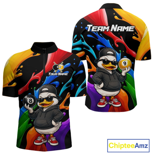 Custom short-sleeve collared athletic jersey shown from the front and back, featuring a colorful rainbow paint-splatter design, a cartoon duck wearing a black hoodie and sunglasses, and customizable text areas including 'Team Name' and 'Your Name'.