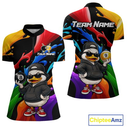 Front and back views of a short-sleeve polo shirt with a colorful rainbow paint splatter design, featuring a cartoon duck character wearing a black hoodie and sunglasses holding pool balls, with customizable text areas on the chest and back.