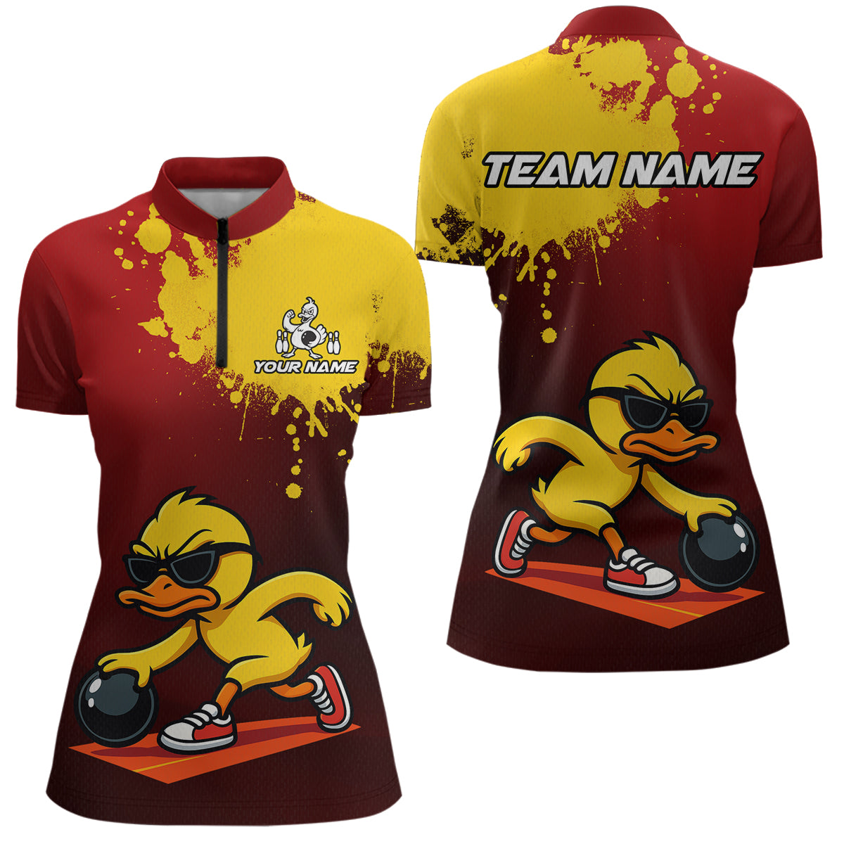 Custom Funny Duck Bowling Shirt for Women Red & Yellow Bowling Jersey Polo & 1/4 Zip QZT791