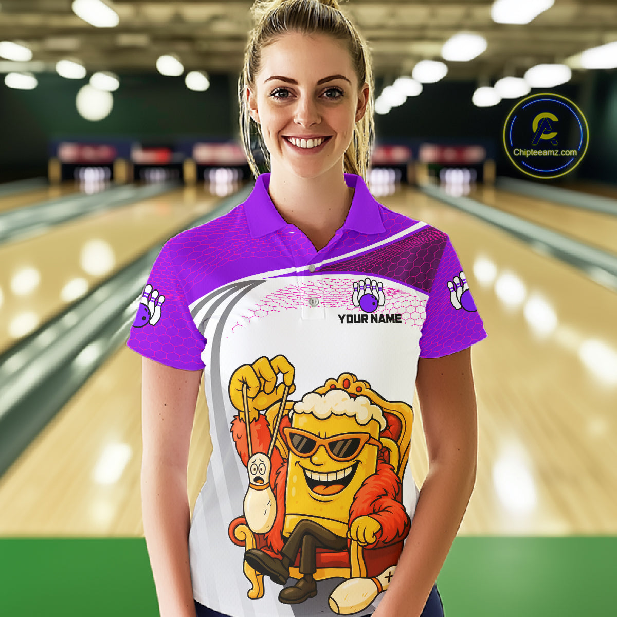 Custom Funny Purple Beer Polo Bowling Team Shirt for Women Quarter-Zip Bowling Jersey Outfit QZT820
