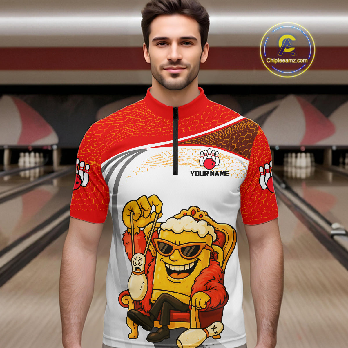 Custom Funny Red Beer Polo Bowling Team Shirt for Men Quarter-Zip Bowling Jersey Outfit QZT820
