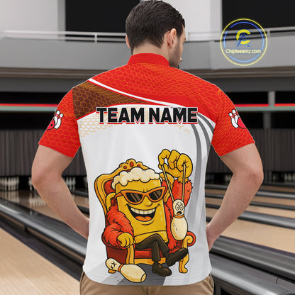 Custom Funny Red Beer Polo Bowling Team Shirt for Men Quarter-Zip Bowling Jersey Outfit QZT820