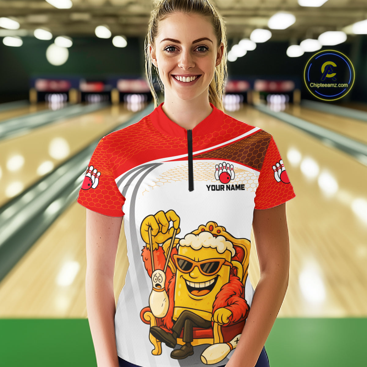 Custom Funny Red Beer Polo Bowling Team Shirt for Women Quarter-Zip Bowling Jersey Outfit QZT820