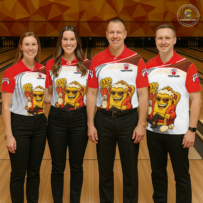 Custom Funny Red Beer Polo Bowling Team Shirt for Men Quarter-Zip Bowling Jersey Outfit QZT820