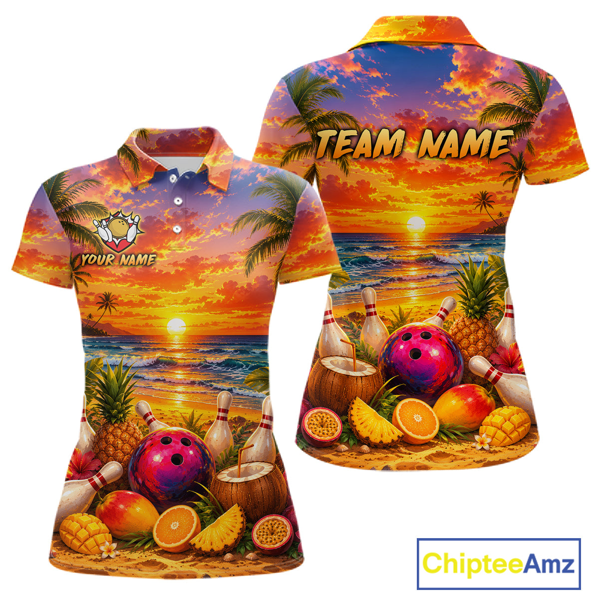 Colorful polo shirt with a tropical design featuring a sunset, palm trees, and bowling elements. 'Chiptee Amz' branding is visible.