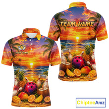 Load image into Gallery viewer, Colorful polo shirt with a tropical design featuring bowling elements and 'Team Name' text.