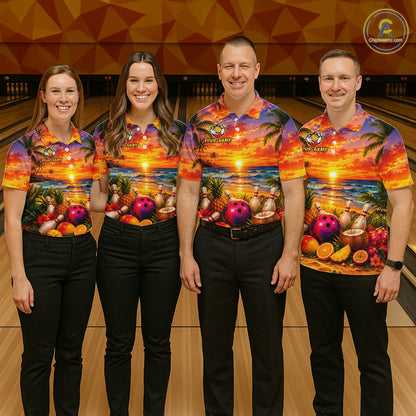 Four people wearing colorful bowling shirts with a sunset design on a bowling alley.
