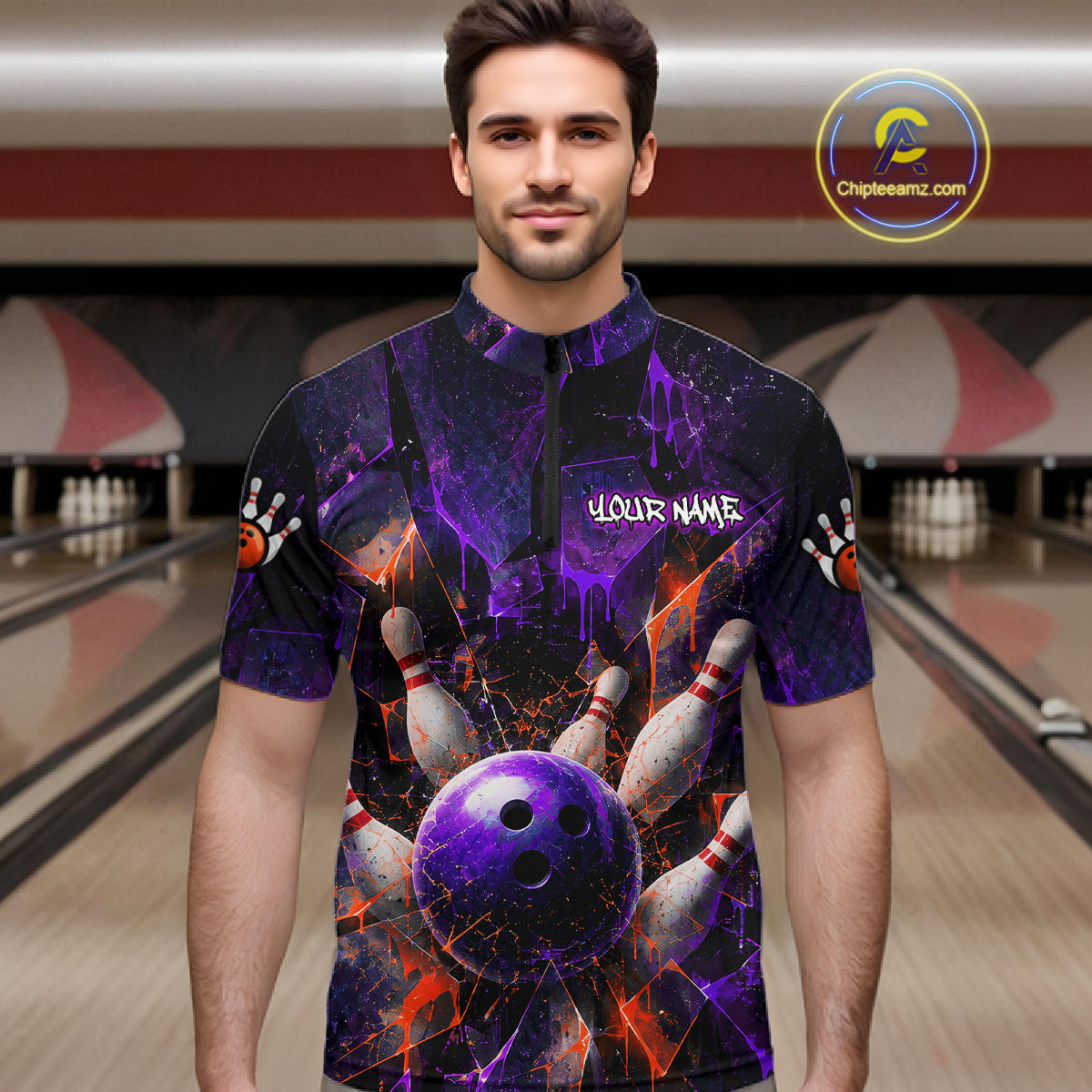 A man wearing a short-sleeve bowling-themed mock neck shirt with a purple and black cosmic design, bowling pins, and a purple bowling ball graphic. The shirt has a mock neck collar, a short zipper at the neck, and 'YOUR NAME' printed on the chest.