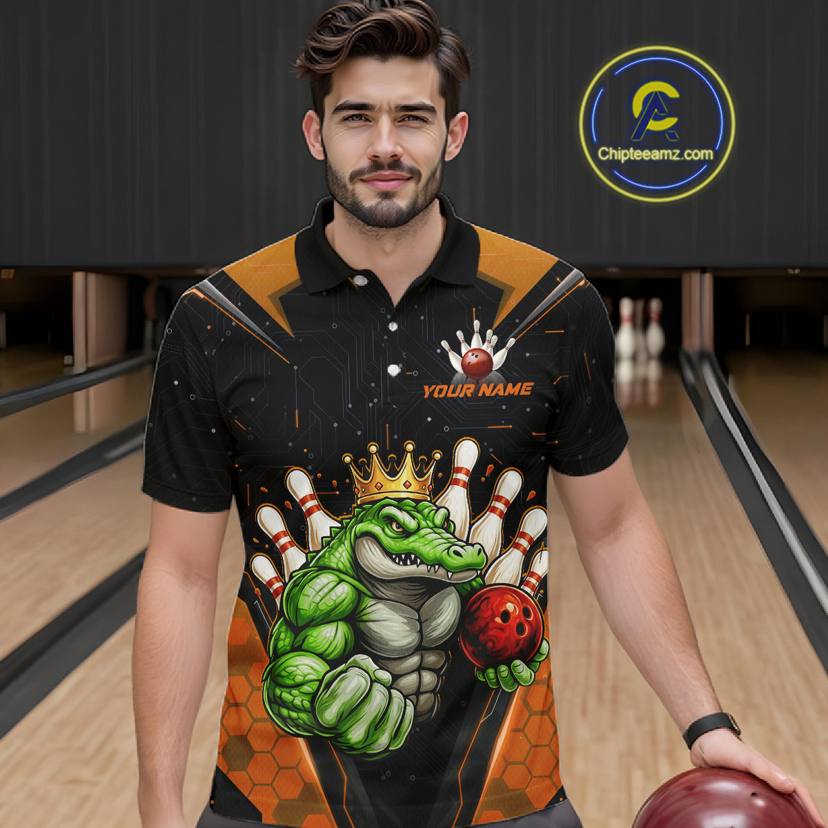 Custom Funny Orange Crocodile Bowling Shirt Alligator Bowling Jersey for Men Polo & 1/4 Zip QZT823