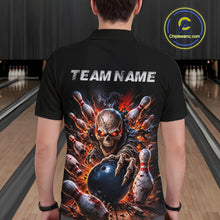 Load image into Gallery viewer, Person wearing a black polo shirt with a graphic design of a skeleton bowling and 'TEAM NAME' text on a bowling alley background.
