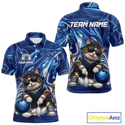 Blue marbled bowling-themed shirt with cartoon cat and customizable text, featuring Chiptee Amz branding.