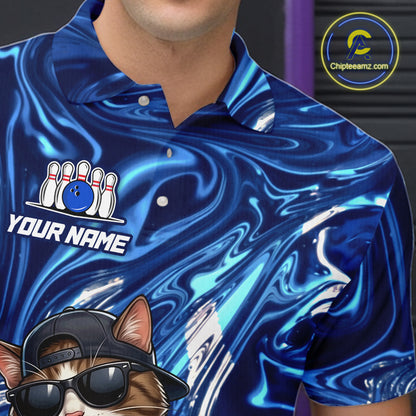 Blue marbled bowling shirt with a cat graphic and customizable text on a dark background