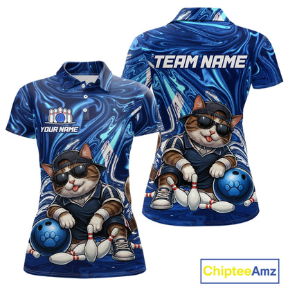 Blue polo shirt with cartoon cat bowling design, customizable text, and Chiptee Amz branding.