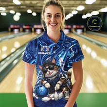 Load image into Gallery viewer, Person wearing a blue bowling shirt with a cat design in a bowling alley.