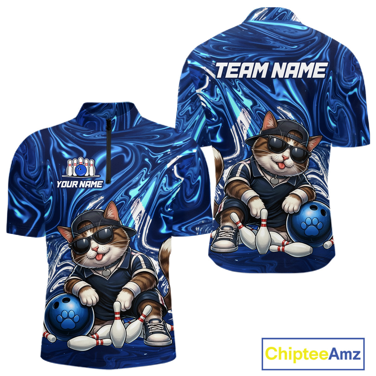Blue marbled quarter-zip with a cat bowling design and customizable text on a white background
