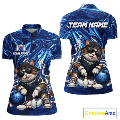 Blue marbled quarter-zip with a cat bowling design and customizable text on a white background.