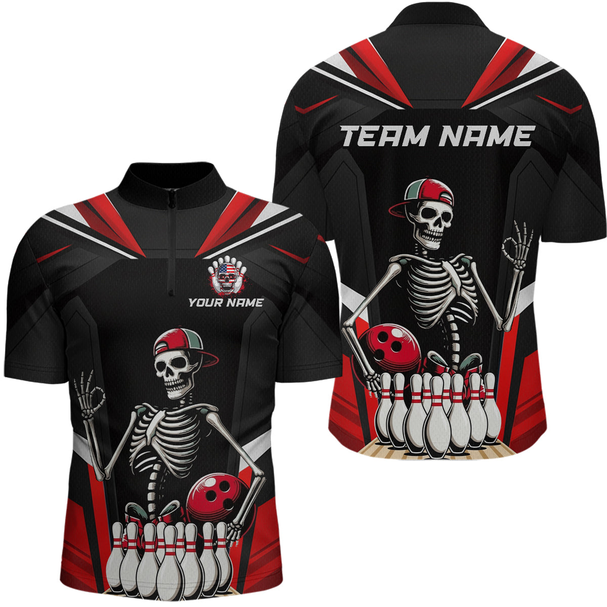 Red Funny Skeleton Bowling Shirt Personalized Bowing Jersey for Men Bowling Team QZT828