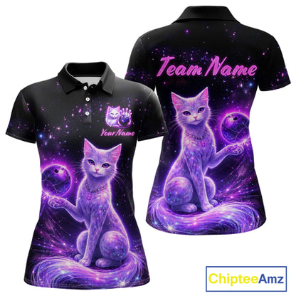 Cat Aurora Galaxy Bowling Shirt  for Women Custom Neon Glow Bowling Jersey Polo & Quarter-Zip QZT968