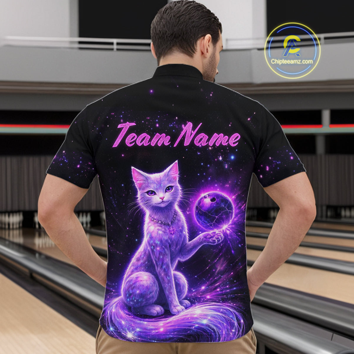 Cat Aurora Galaxy Bowling Shirt  for Men Custom Neon Glow Bowling Jersey Polo & Quarter-Zip QZT968
