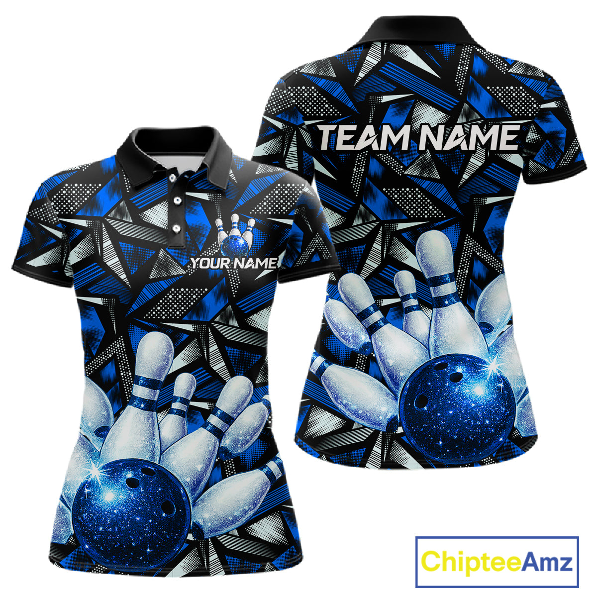 Blue Rhinestone Bowling Shirt for Women Custom Bowling Team Jersey Polo & Quarter-Zip QZT1003