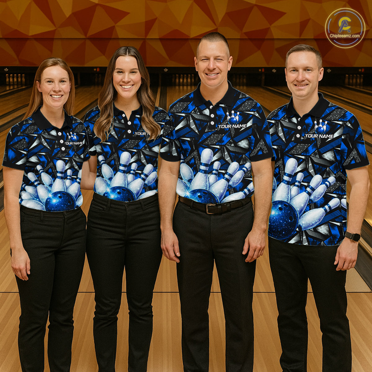 Blue Rhinestone Bowling Shirt for Men Custom Bowling Team Jersey Polo & Quarter-Zip QZT1003