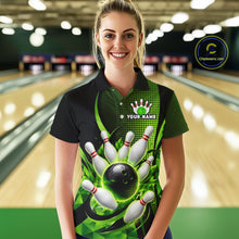Load image into Gallery viewer, Person wearing a custom bowling shirt with a design and text in a bowling alley.