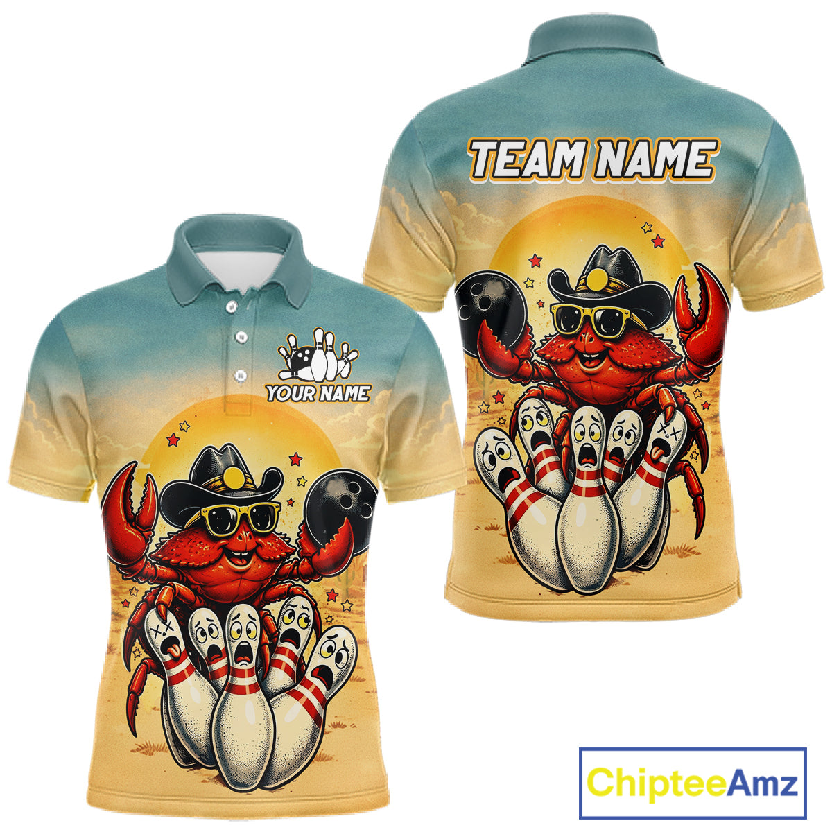 Two polo shirts with a crabs bowling design on a gradient background, featuring 'Chiptee Amz' branding.