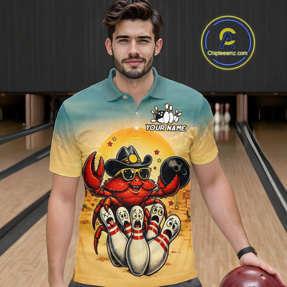 Man wearing a colorful t-shirt with a crab bowling design in a bowling alley.