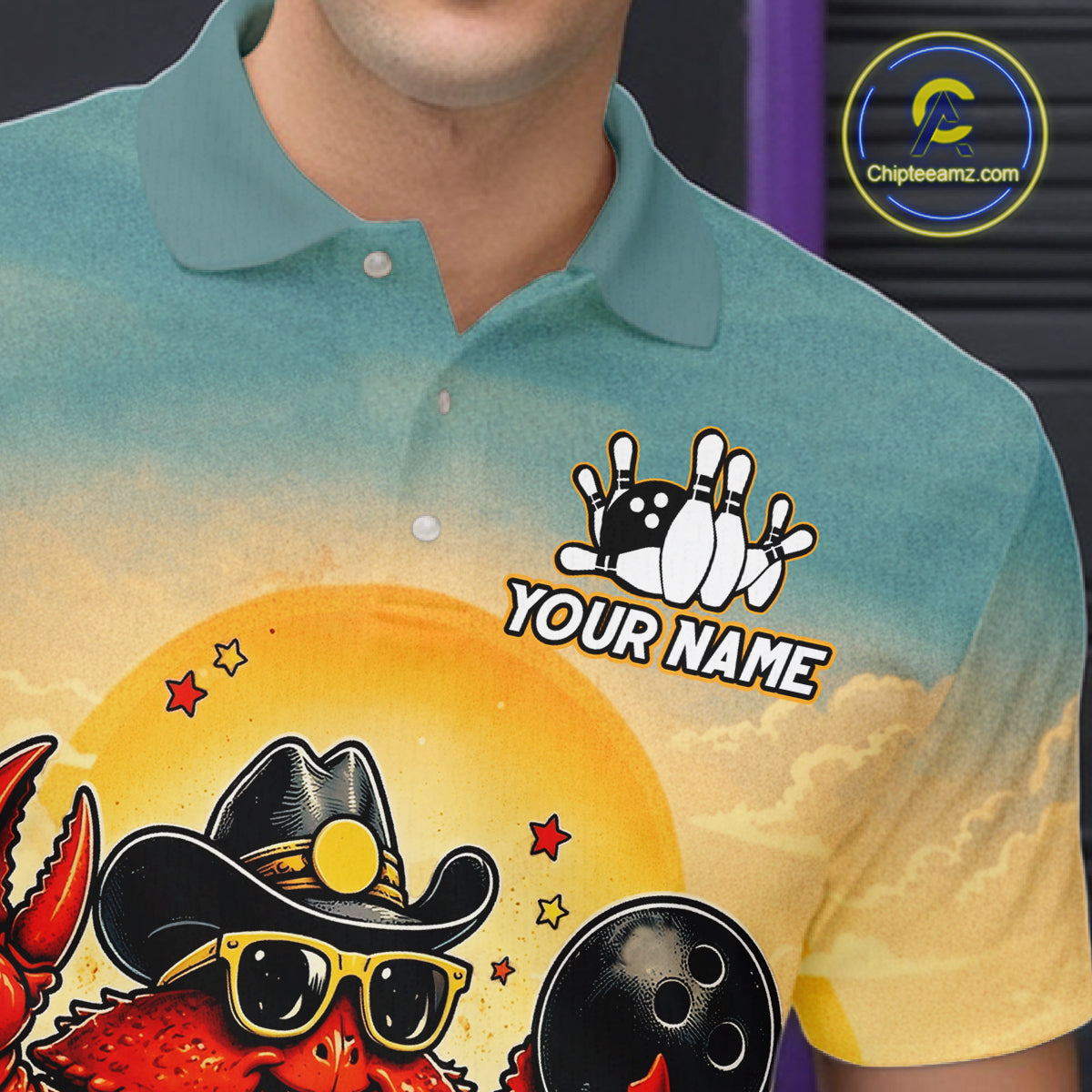 Person wearing a teal polo shirt with a colorful design and 'Your Name' text.