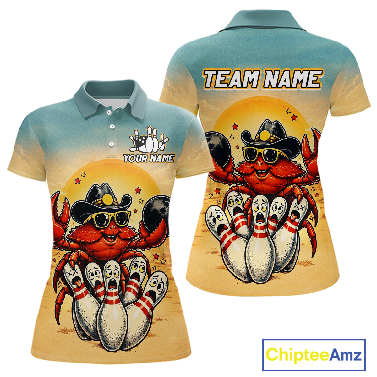 Polo shirt with a crab and bowling design on a yellow and blue gradient background, featuring 'Chiptee Amz' branding.
