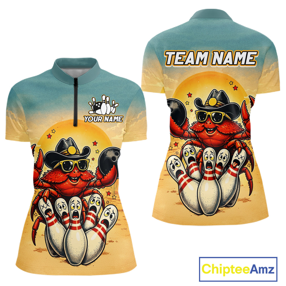 Two quarter-zip jerseys with a crab design and bowling elements, one with 'Your Name' and 'Team Name' text, the other with 'Chiptee Amz' branding.