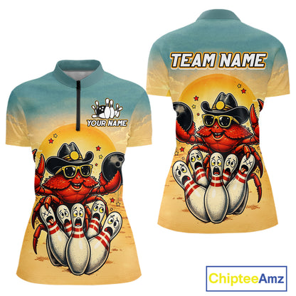 Two quarter-zip jerseys with a crab design and bowling elements, one with 'Your Name' and 'Team Name' text, the other with 'Chiptee Amz' branding.