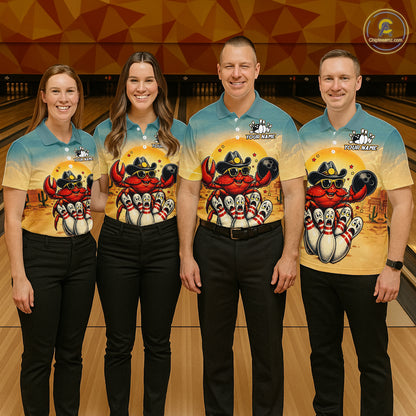 Four people wearing matching bowling shirts with a colorful design on a bowling alley background.