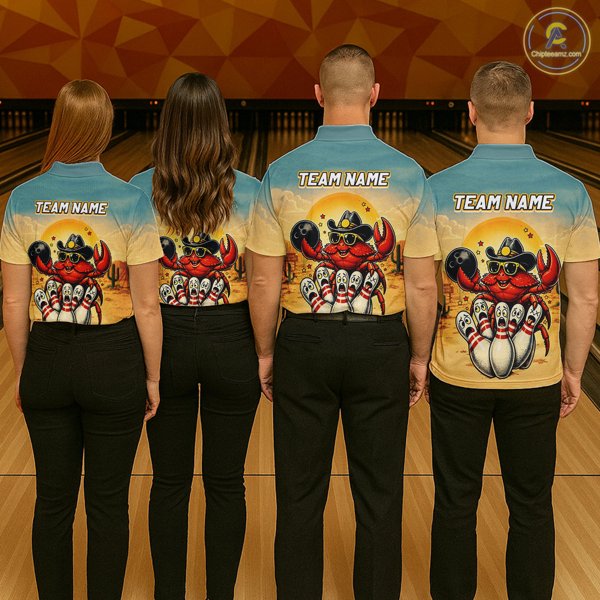 Four people wearing bowling shirts with a team name and colorful designs on a bowling alley.