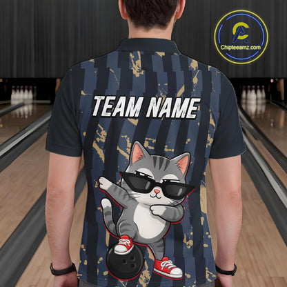 Person wearing a bowling shirt with a cat graphic and 'TEAM NAME' text in a bowling alley.