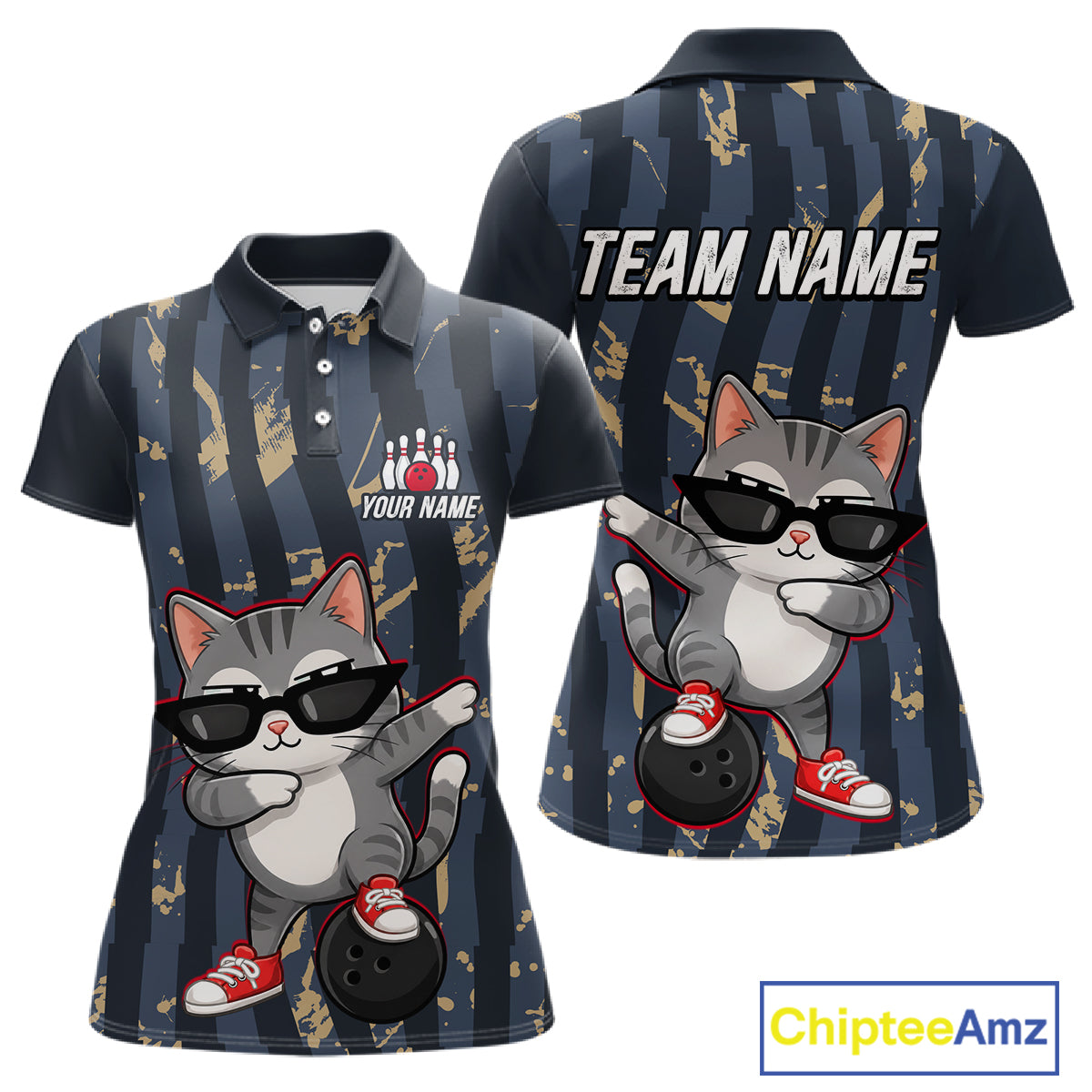 Quarter-zip jersey with cartoon cat design and customizable text on a blue and gold striped background