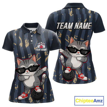 Quarter-zip jersey with cartoon cat design and customizable text on a blue and gold striped background