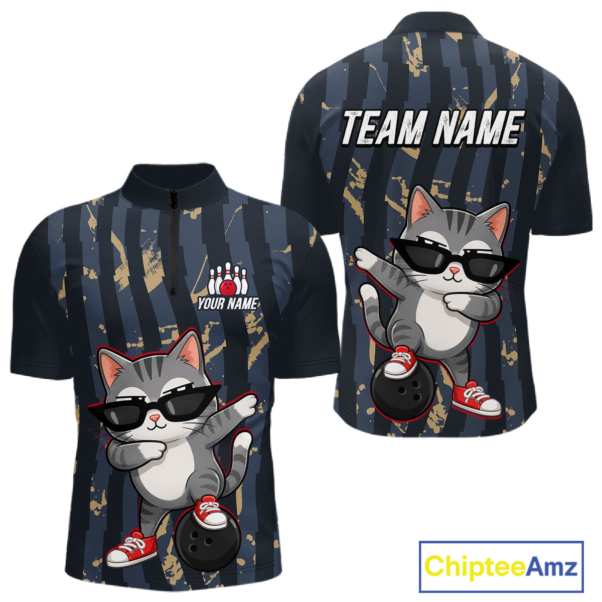 Bowlling shirt with cartoon cat design and customizable text on a white background