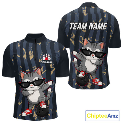 Bowlling shirt with cartoon cat design and customizable text on a white background