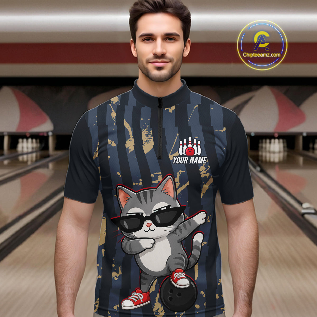 Man wearing a bowling shirt with a cat graphic in a bowling alley