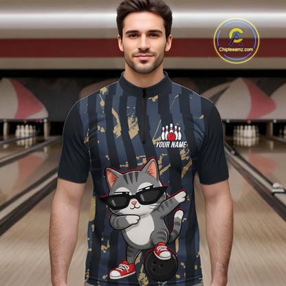 Man wearing a bowling shirt with a cat graphic in a bowling alley