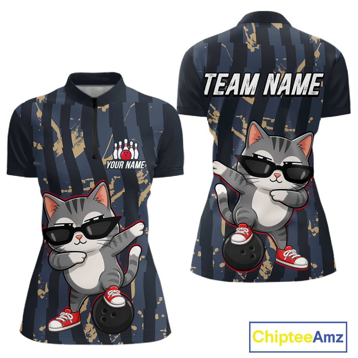 Two views of a sports jersey with a cat design and 'Team Name' text, featuring the brand 'Chiptee Amz'.