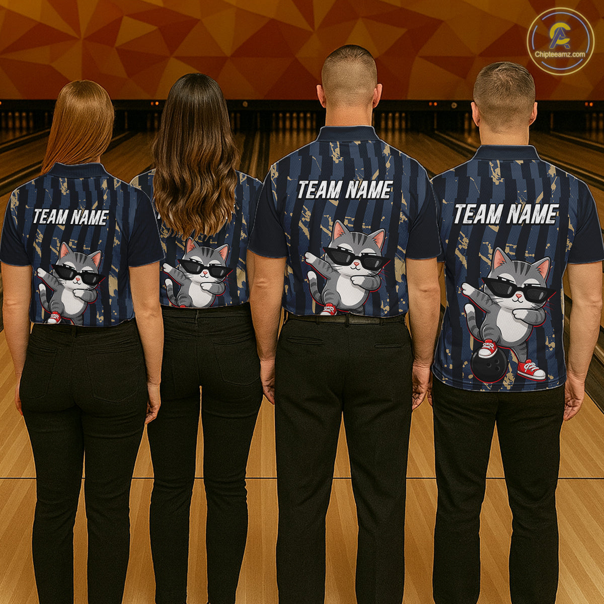 Four people wearing matching bowling shirts with a cat graphic and 'Team Name' text on a bowling alley background.