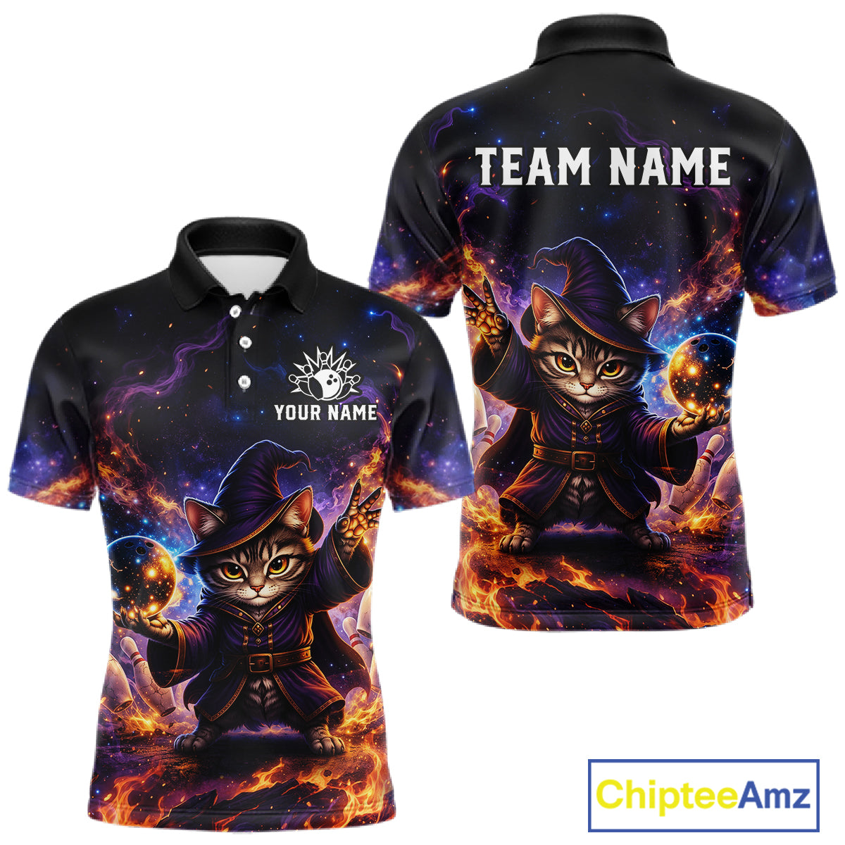 Black polo shirt with a fantasy cat design on a white background, featuring 'Team Name' and 'Your Name' text.
