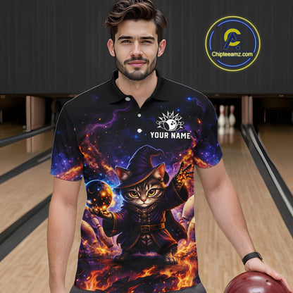 Man wearing a black polo shirt with a cat wizard design on a bowling alley.