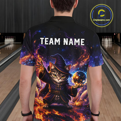 Person wearing a black bowling shirt with a cat wizard design and 'TEAM NAME' text in a bowling alley.