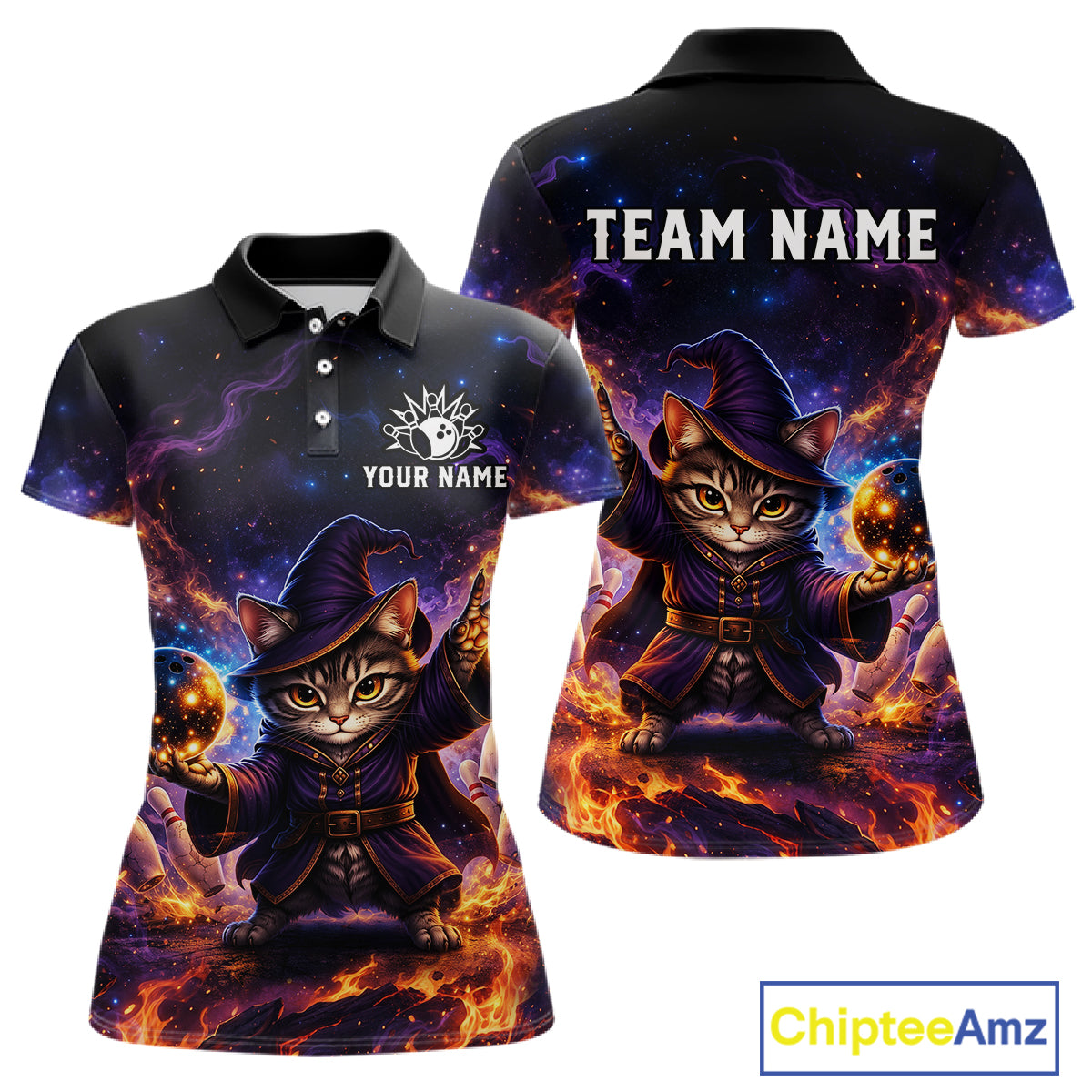 Black polo shirt with a fantasy cat design on a white background, featuring 'Chiptee Amz' branding.
