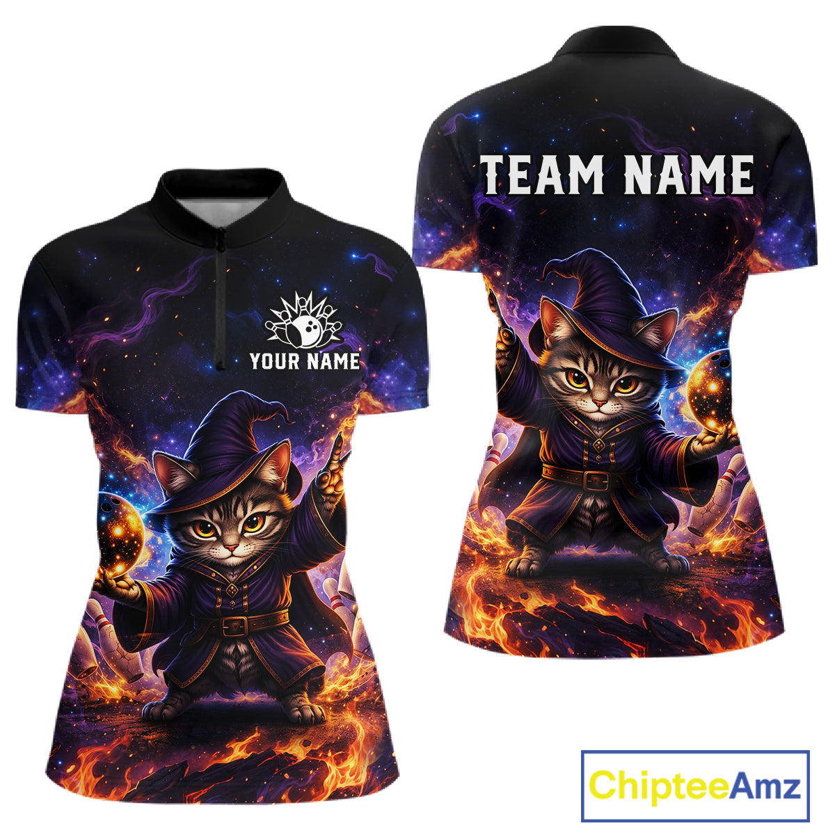 Black shirt with a cat wizard design on a white background, featuring 'Your Name' and 'Team Name' text areas.