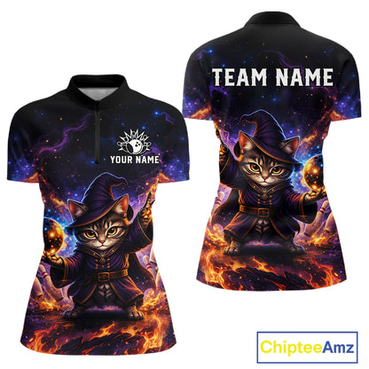 Black shirt with a cat wizard design on a white background, featuring 'Your Name' and 'Team Name' text areas.